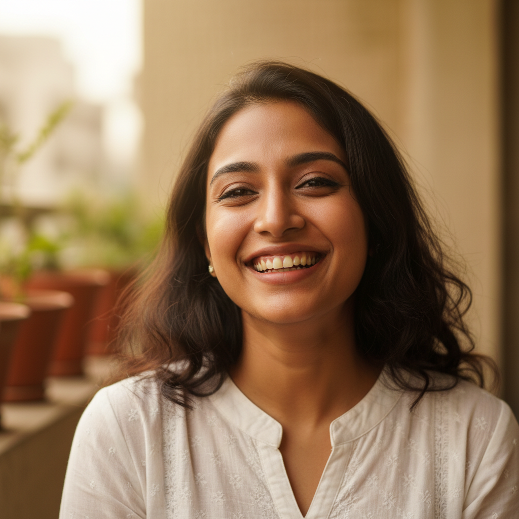 Young Indian woman with shoulder-length hair and bright smile