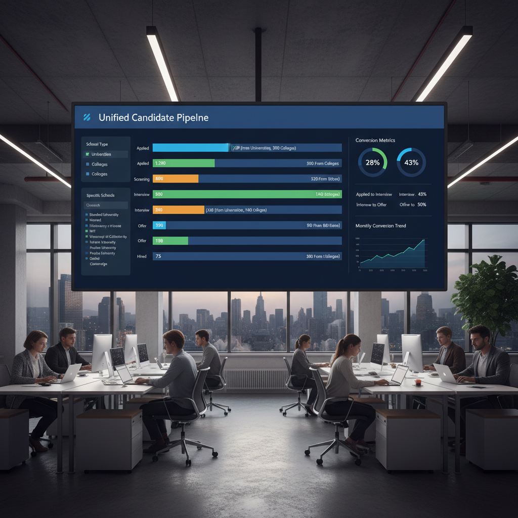 Recruit platform showing unified candidate pipeline dashboard with school filters and conversion metrics
