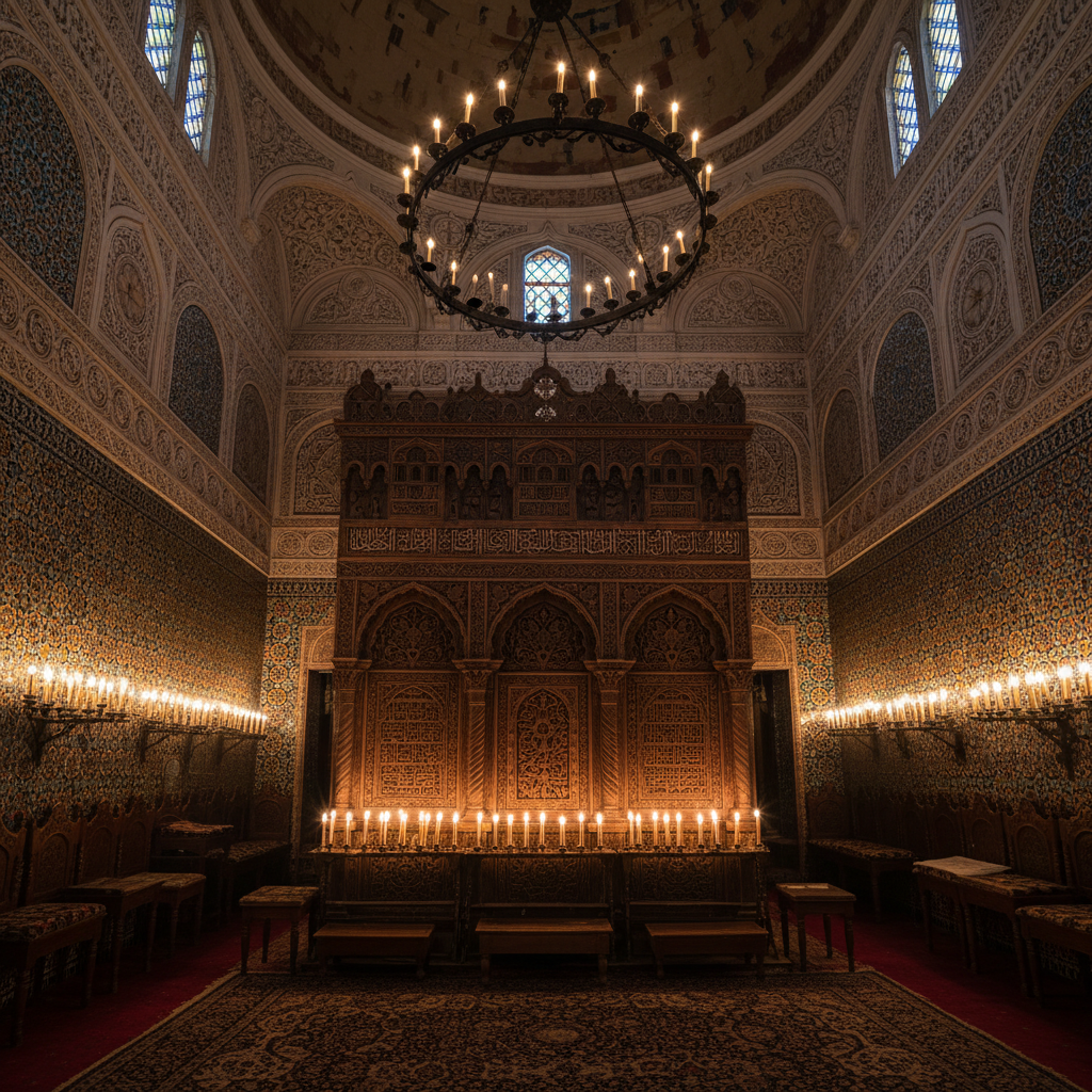 Historic Jewish synagogue in Morocco with traditional Moorish architecture and Star of David decorations
