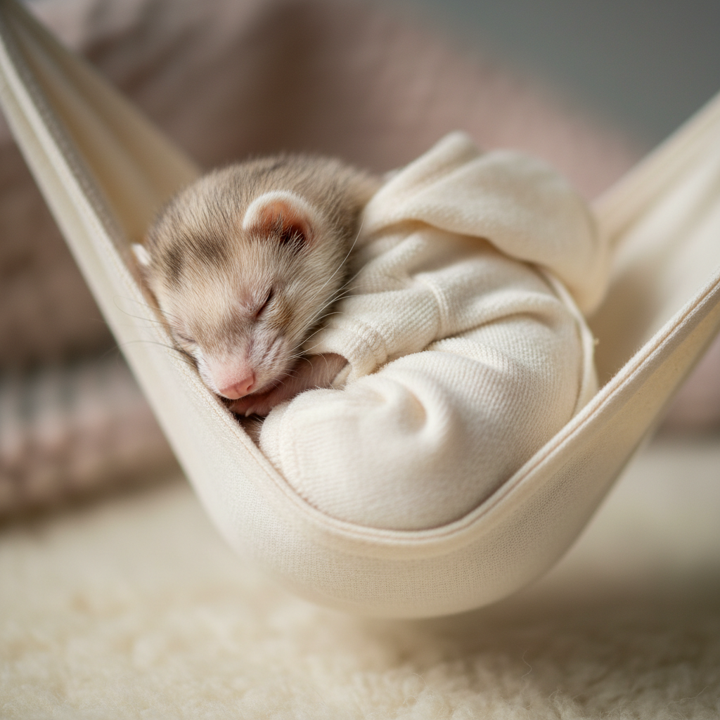 Ferret in a tiny cream onesie sleeping curled in a fabric hammock