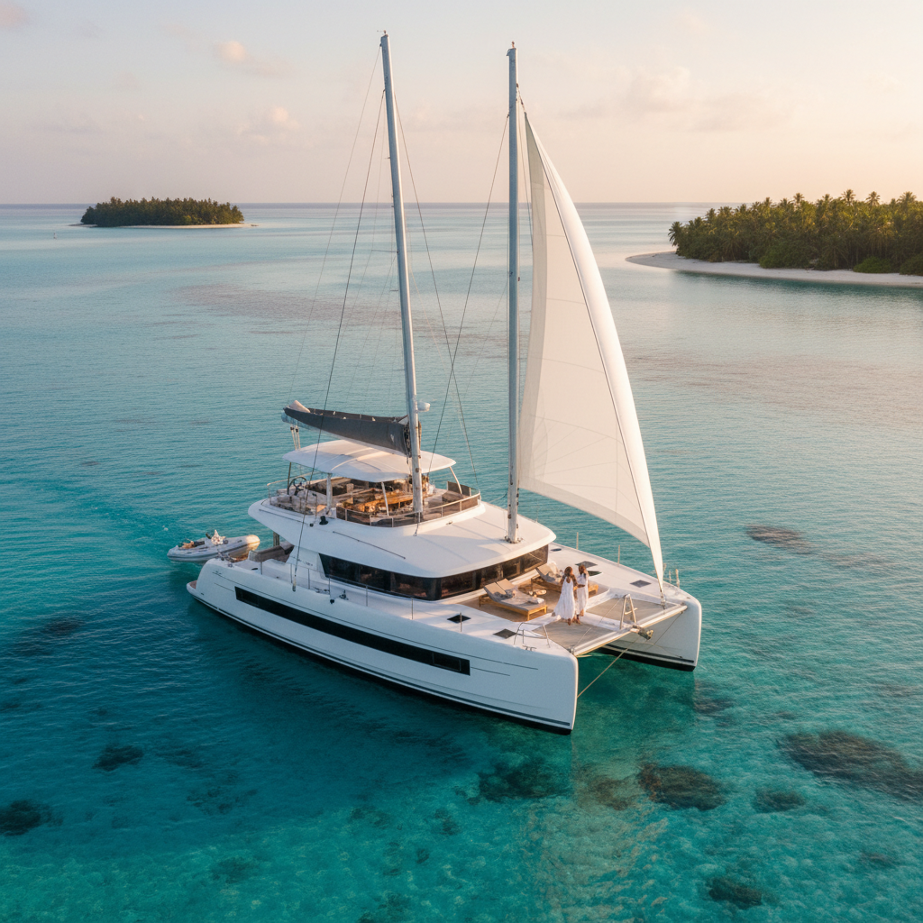 Luxury speedboat on calm tropical sea at golden hour sunset