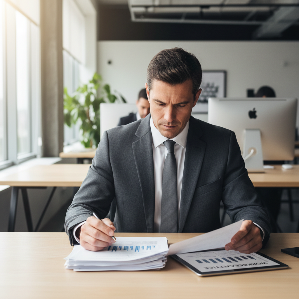 Business executive in a suit reviewing workforce documents in office