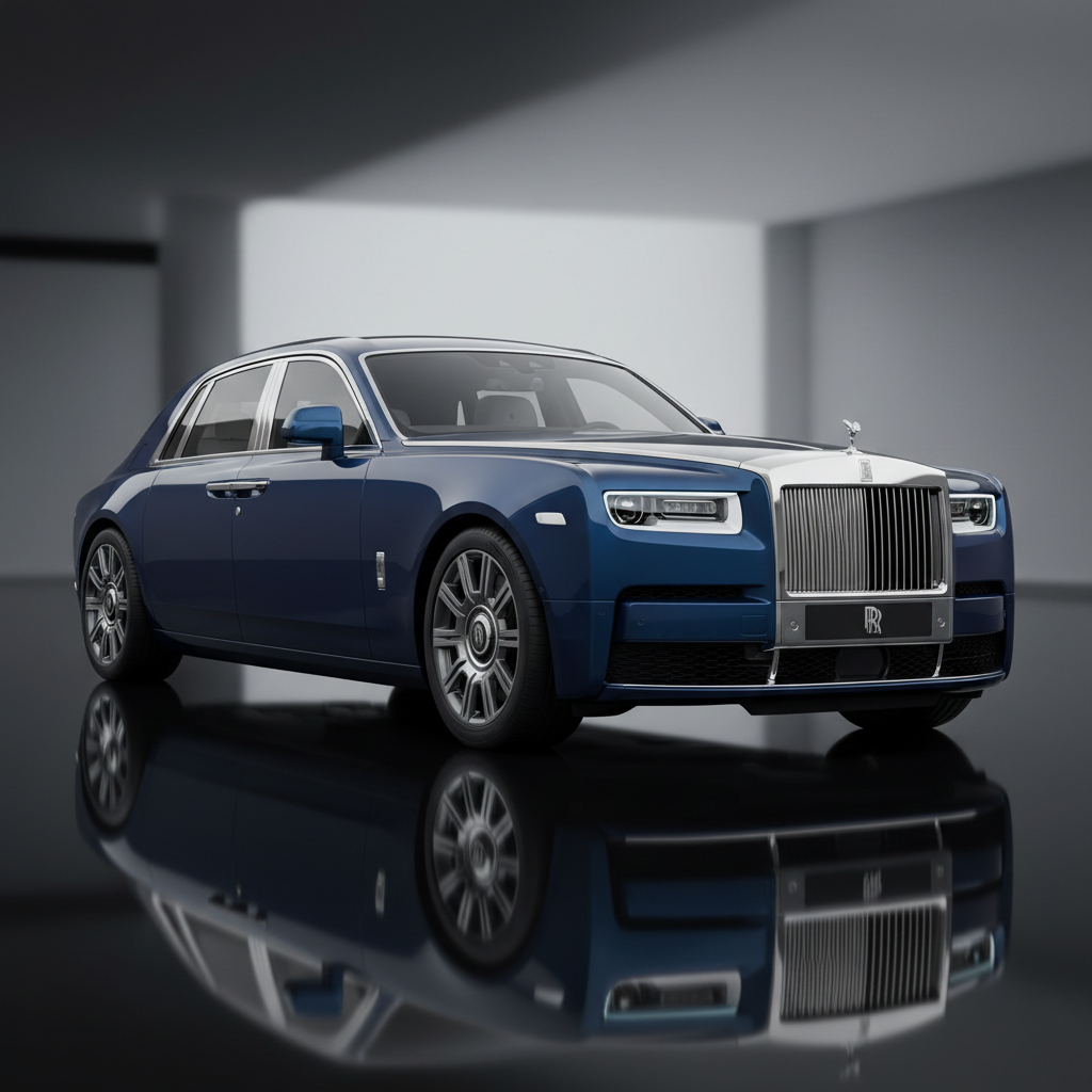 Rolls-Royce Phantom 2026 in Blue, ultra-luxury long wheelbase sedan front three-quarter view, Spirit of Ecstasy gleaming