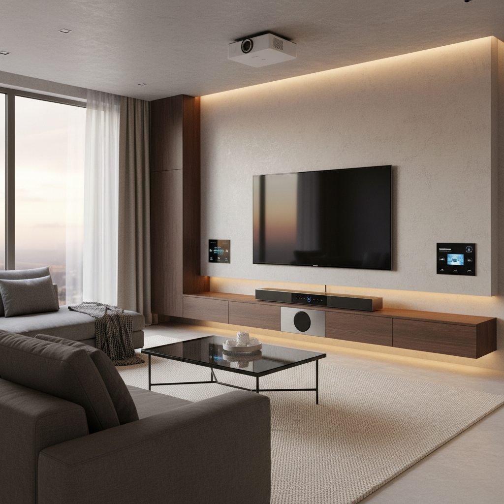 Modern living room with hidden smart home controls, clean white walls and ambient lighting in Pune villa