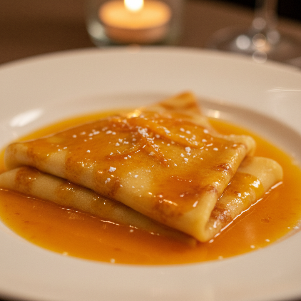 Crepes suzette flambeed with orange cognac sauce, bright elegant French table setting
