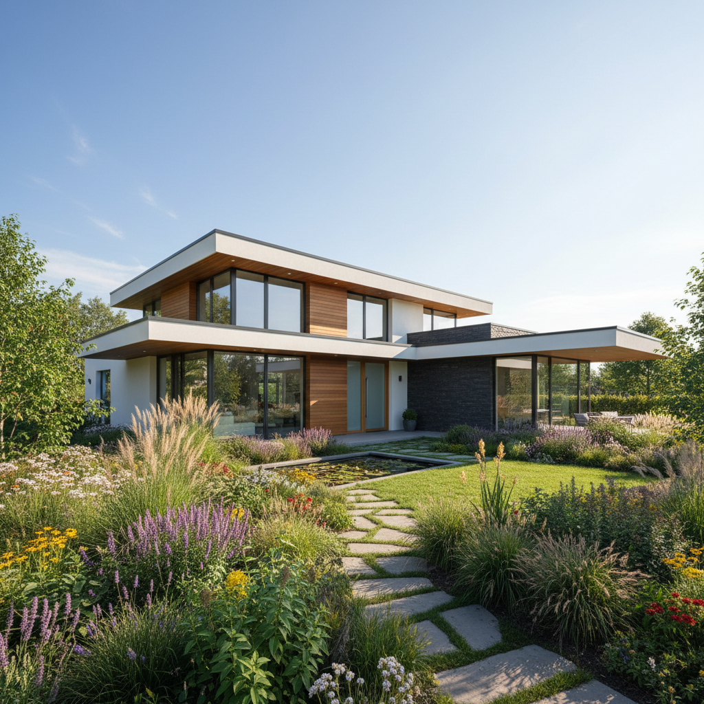 Modern residential villa exterior, well-maintained garden, bright daylight