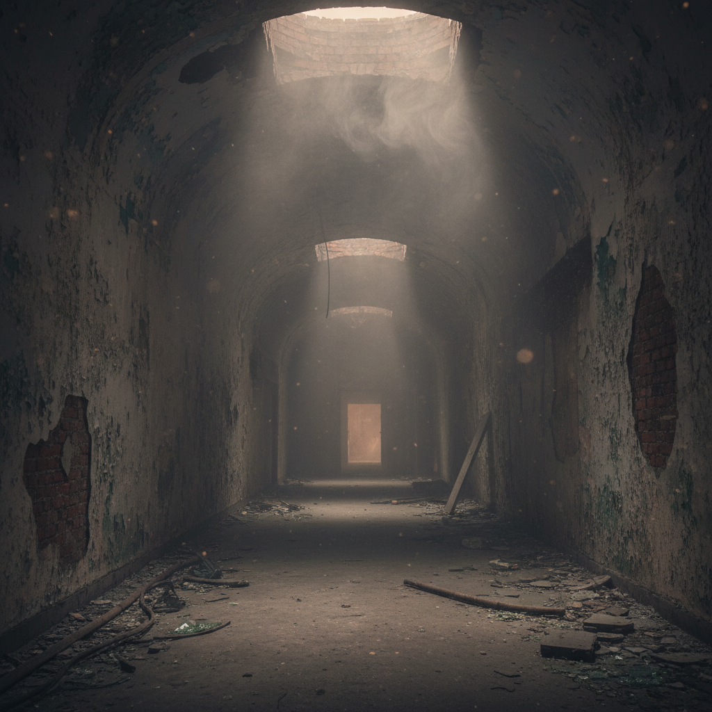 Smoke filled interior corridor with heavy haze and soot residue on walls and ceiling, low visibility