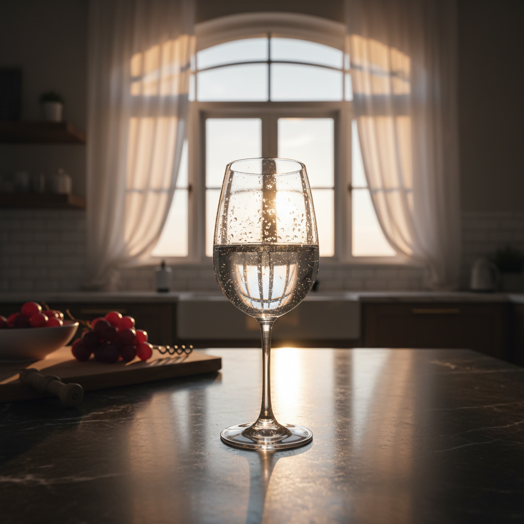 Evening light catching a wine glass on a waterfall island edge in a renovated kitchen