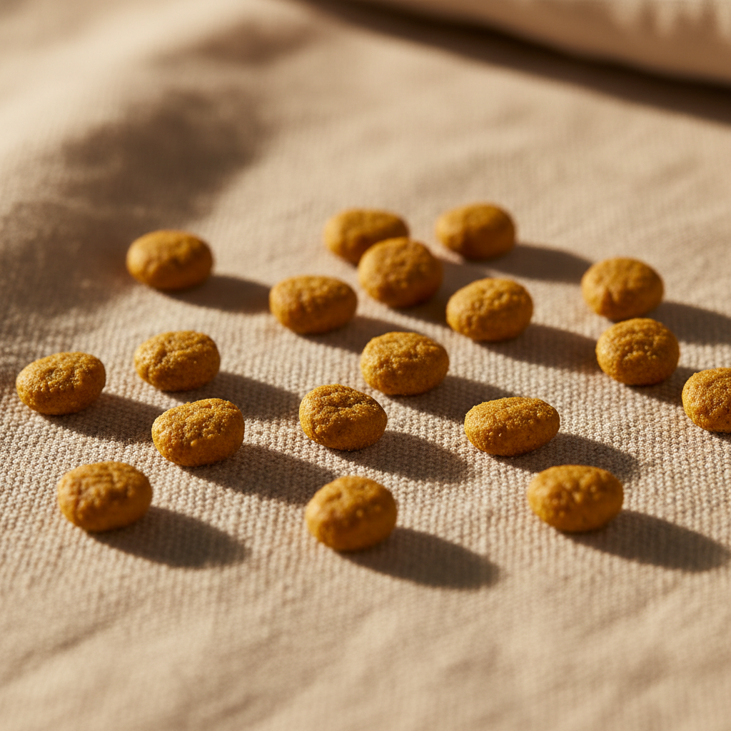 Small golden puppy kibble pieces scattered on warm oat-colored linen surface