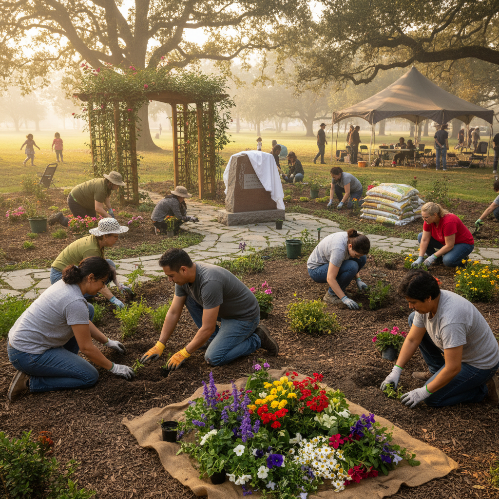 Community members planting a memorial garden together