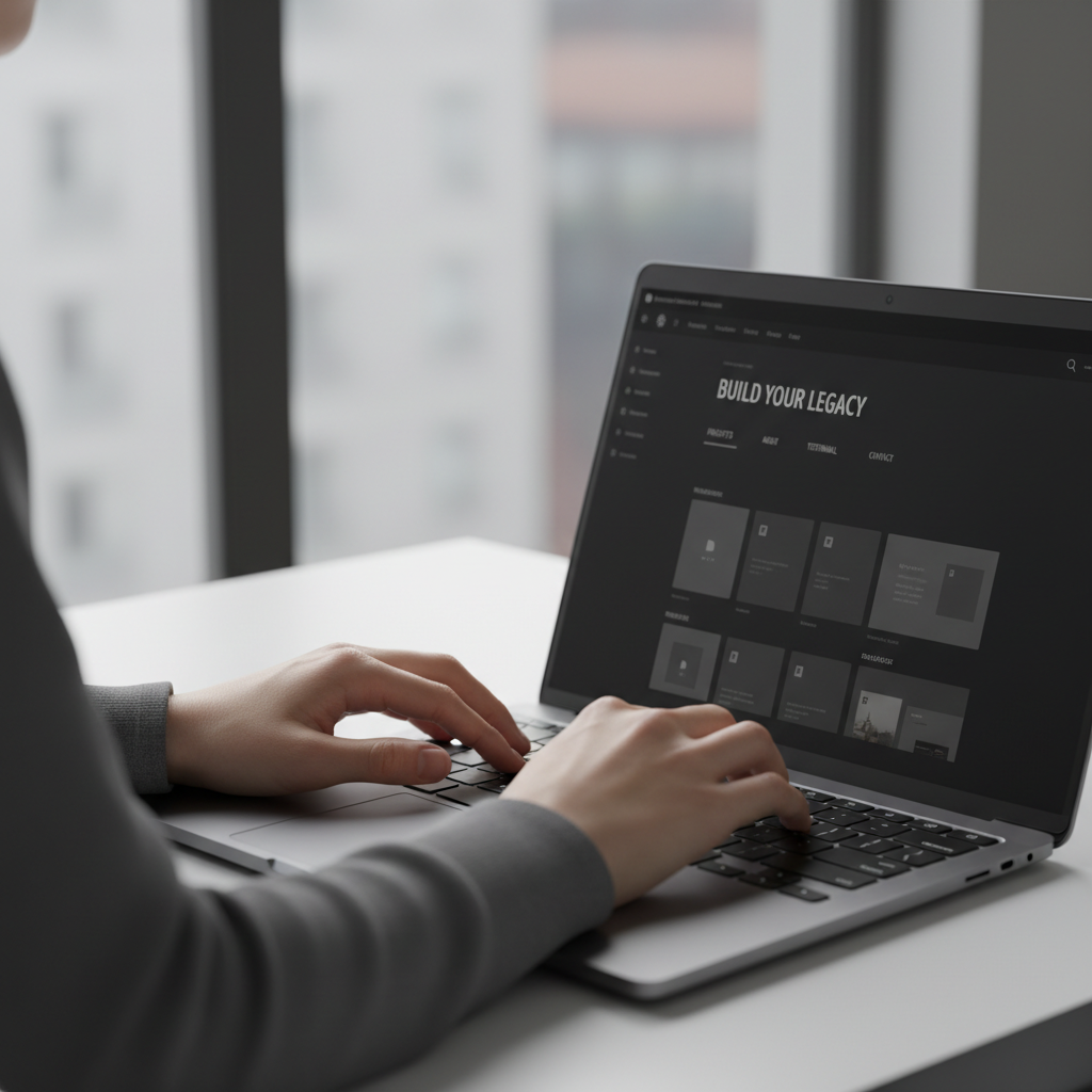 Laptop showing a clean e-commerce store builder dashboard on a bright white desk with a coffee cup