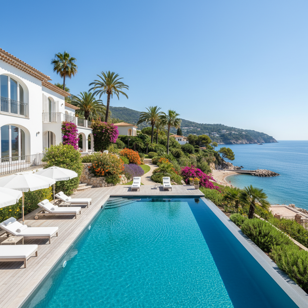 Villa méditerranéenne Cap d'Antibes avec piscine face à la mer, jardin luxuriant, architecture provençale de prestige