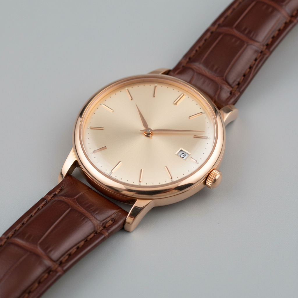 Rose gold watch with champagne dial and alligator leather strap