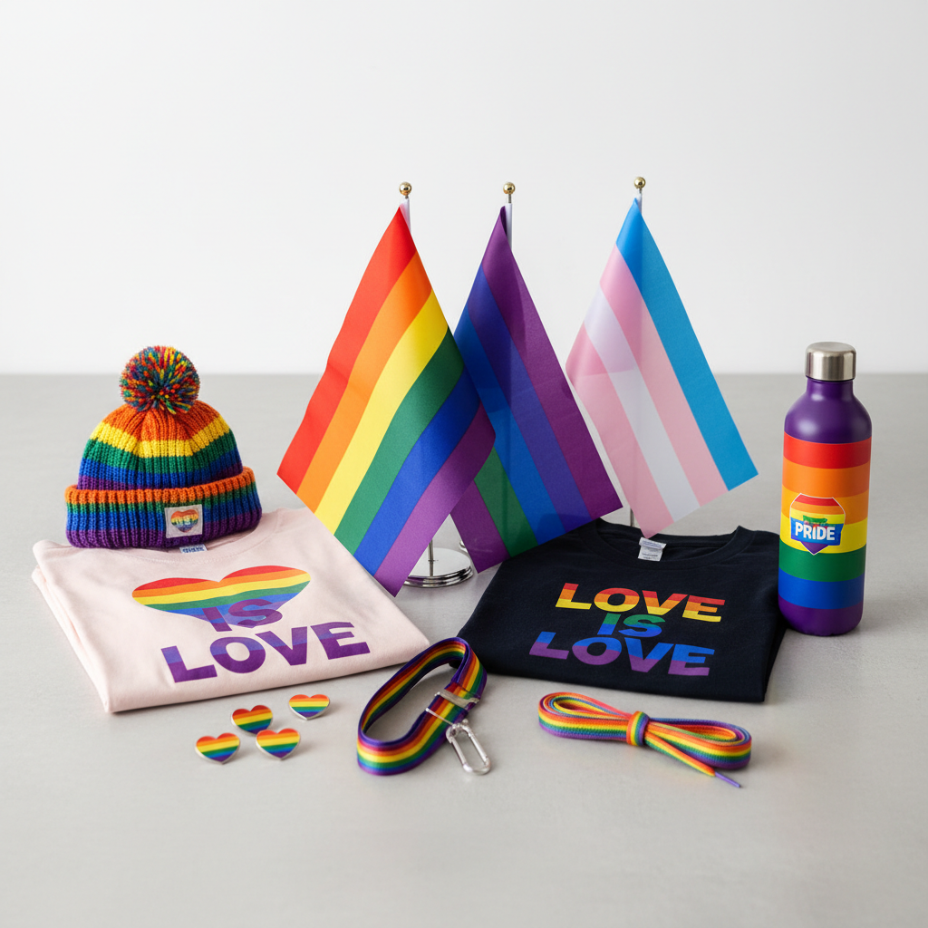 Collection of rainbow pride flags and LGBTQ+ merchandise for sale