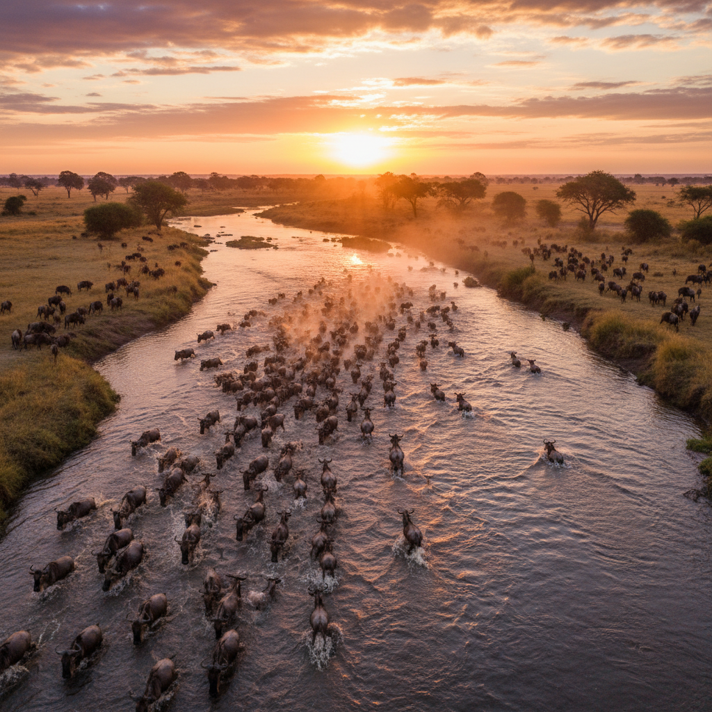 Aerial view of the Maasai Mara savanna showing vast grasslands and winding Mara River
