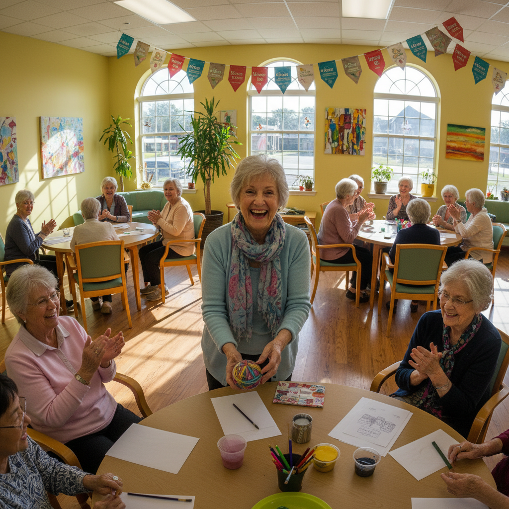 Senior woman participating in a group activity at SeniorCare daycare center