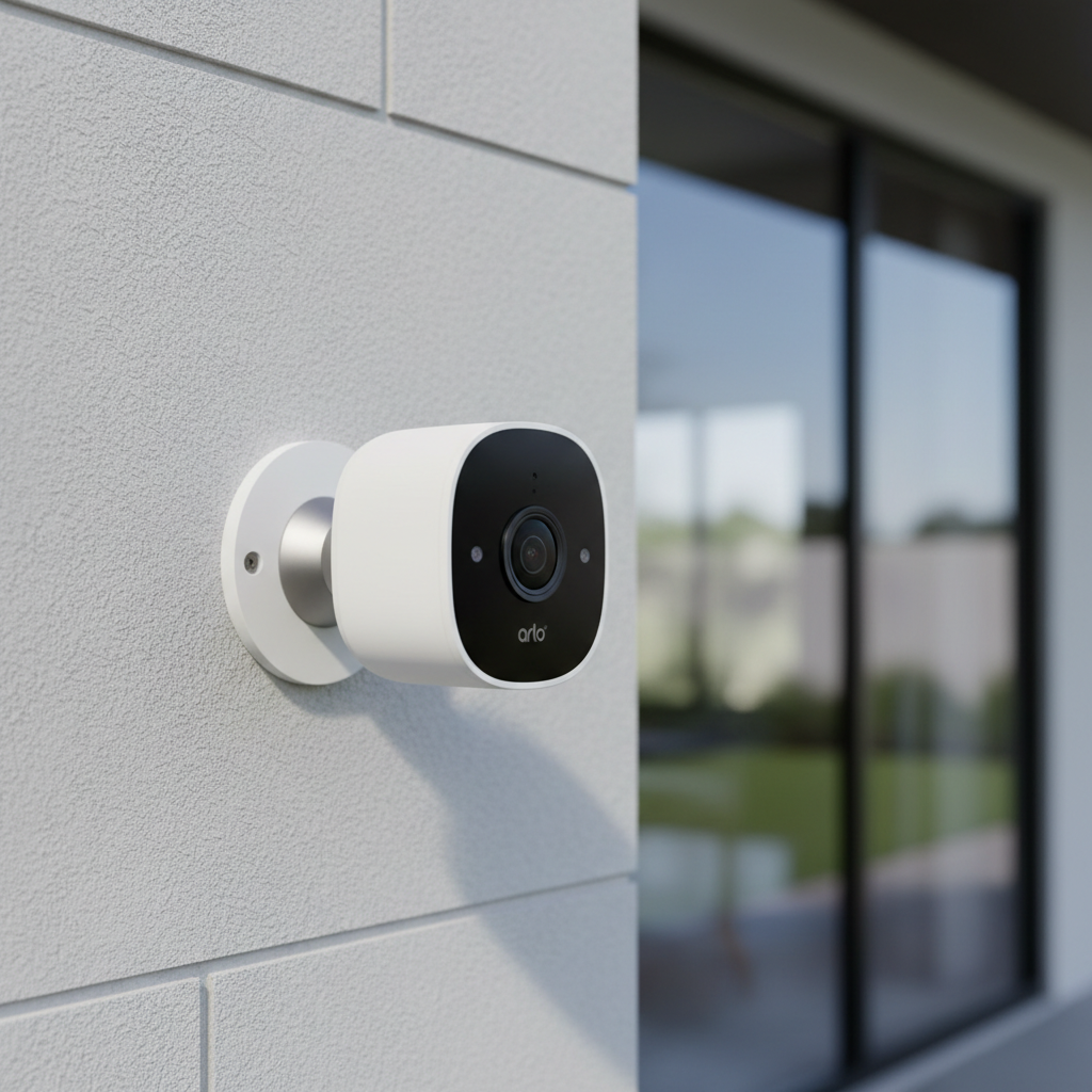 Arlo security camera mounted on exterior wall of a modern home in clear daylight