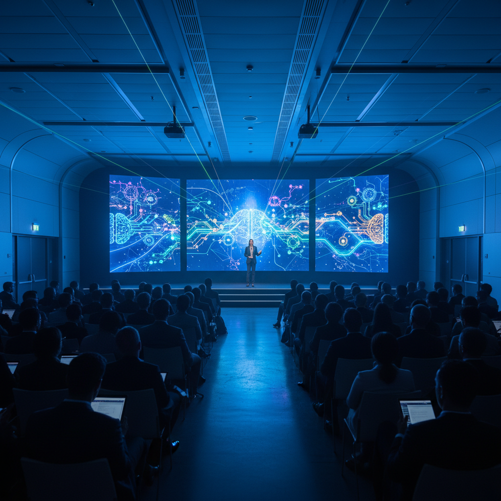 Foro internacional con delegados sentados en auditorio moderno con pantalla de presentación y iluminación formal