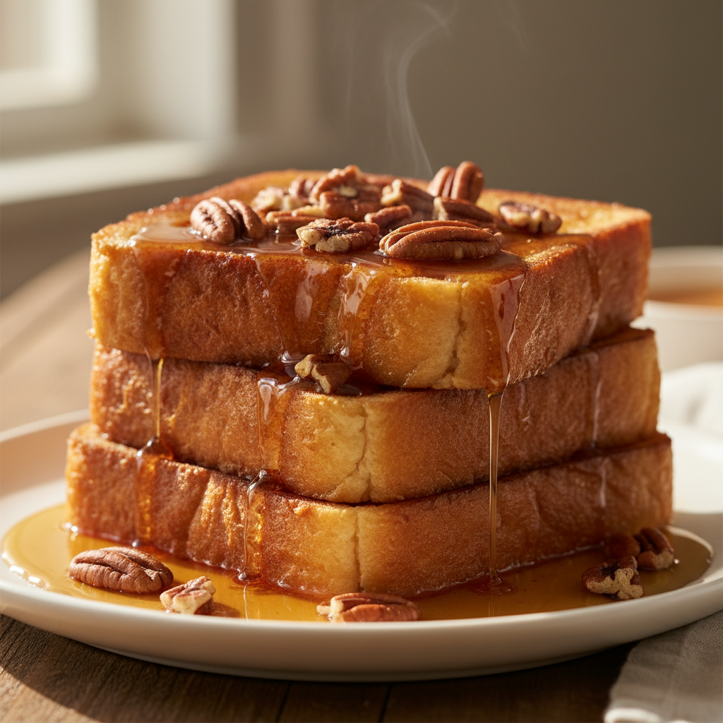 Golden thick-cut French toast dusted with powdered sugar and fresh strawberries