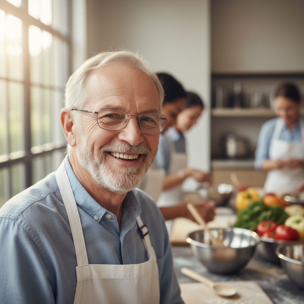 Older white man with glasses smiling warmly, grandfather of cooking class student