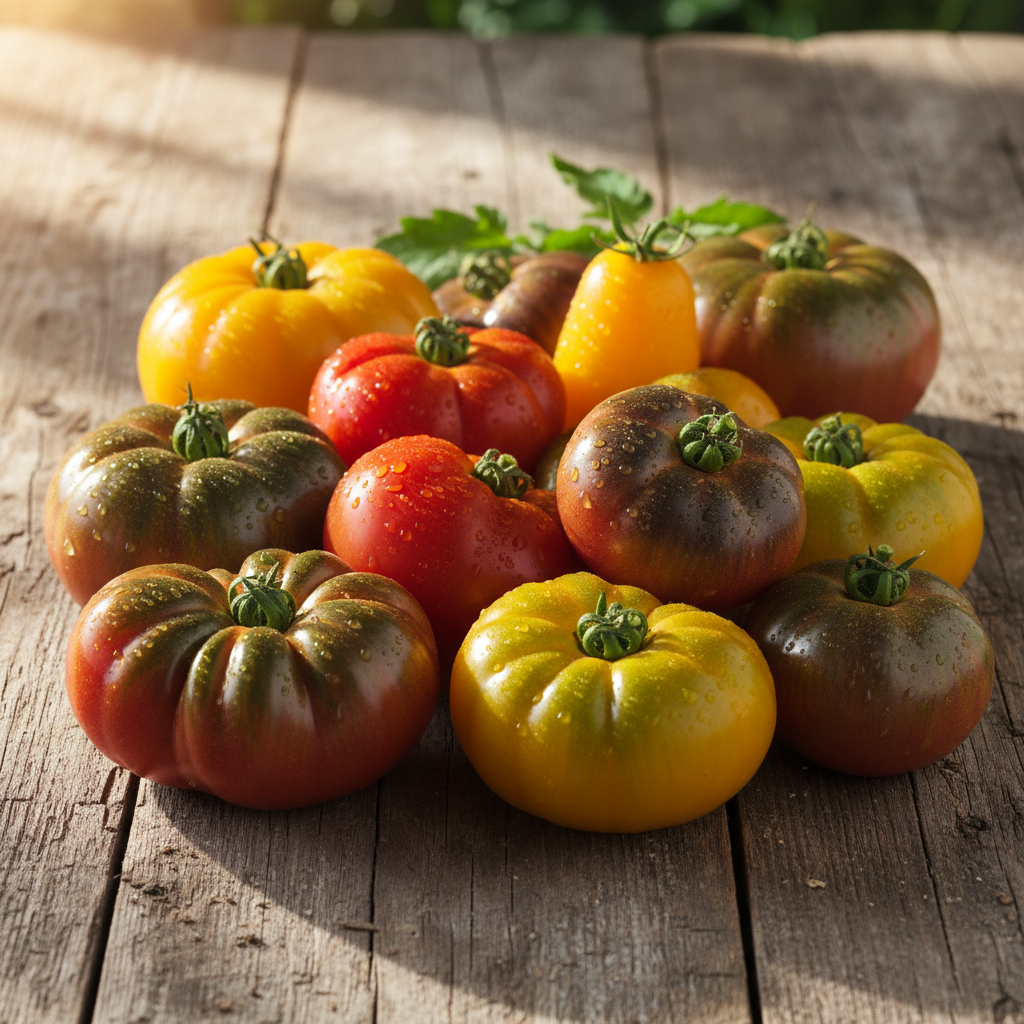 Colorful heirloom tomatoes in red, yellow, and purple on a wooden table in warm light