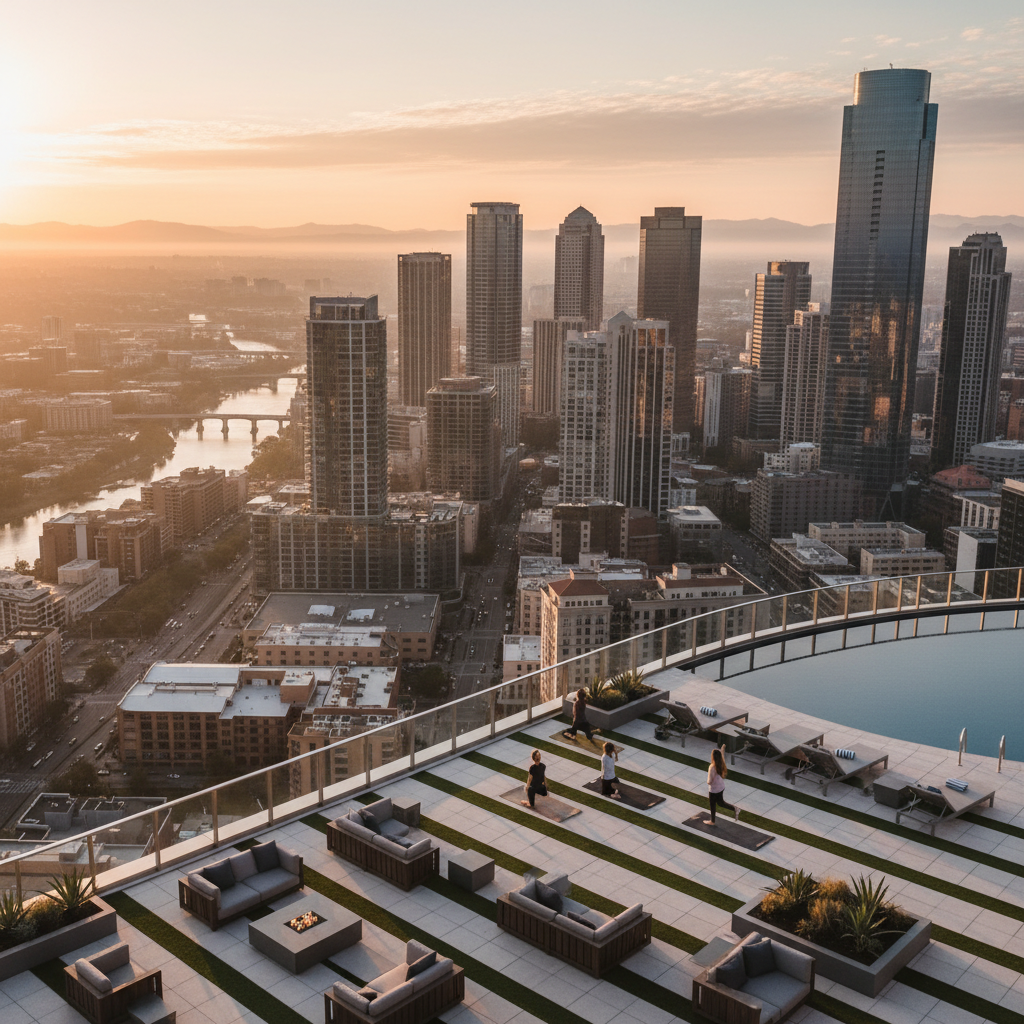 Rooftop amenity deck at sunrise overlooking city skyline