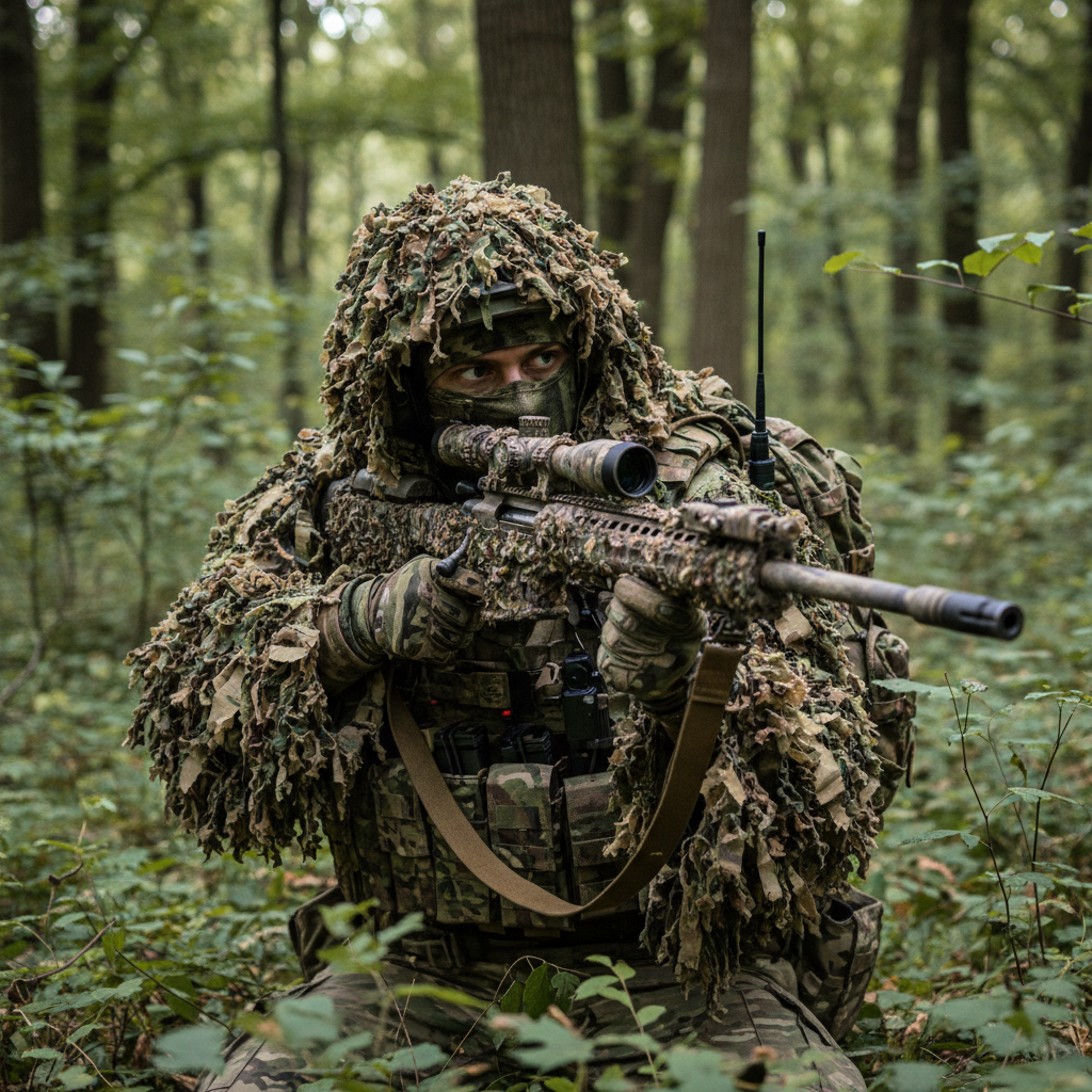 Lone sniper operator in ghillie suit in dense forest terrain, dappled dim light through trees, muted green camouflage