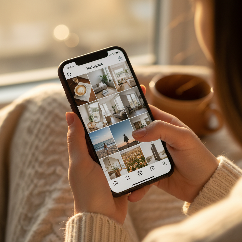 Smartphone showing colorful social media feed, bright clean studio background, modern lifestyle flat lay