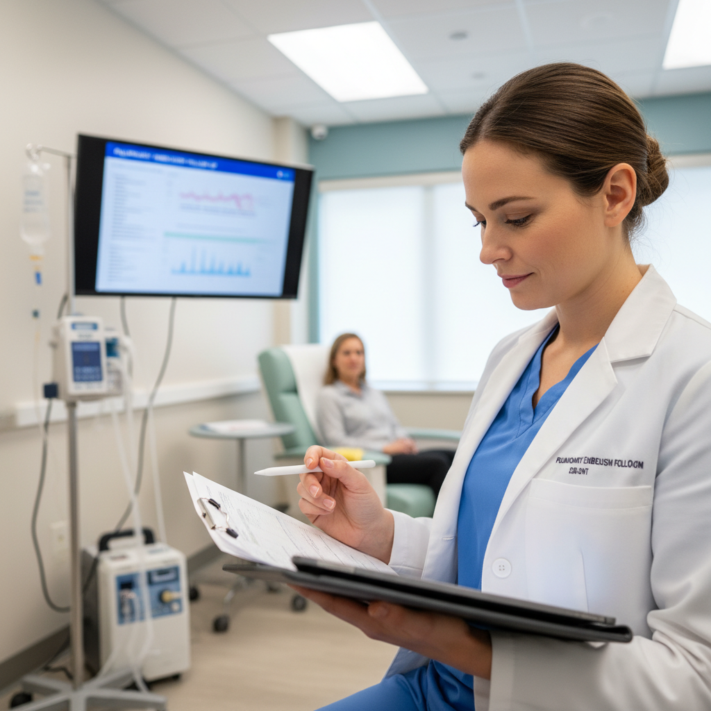 Female physician in white coat reviewing patient chart, warm office environment