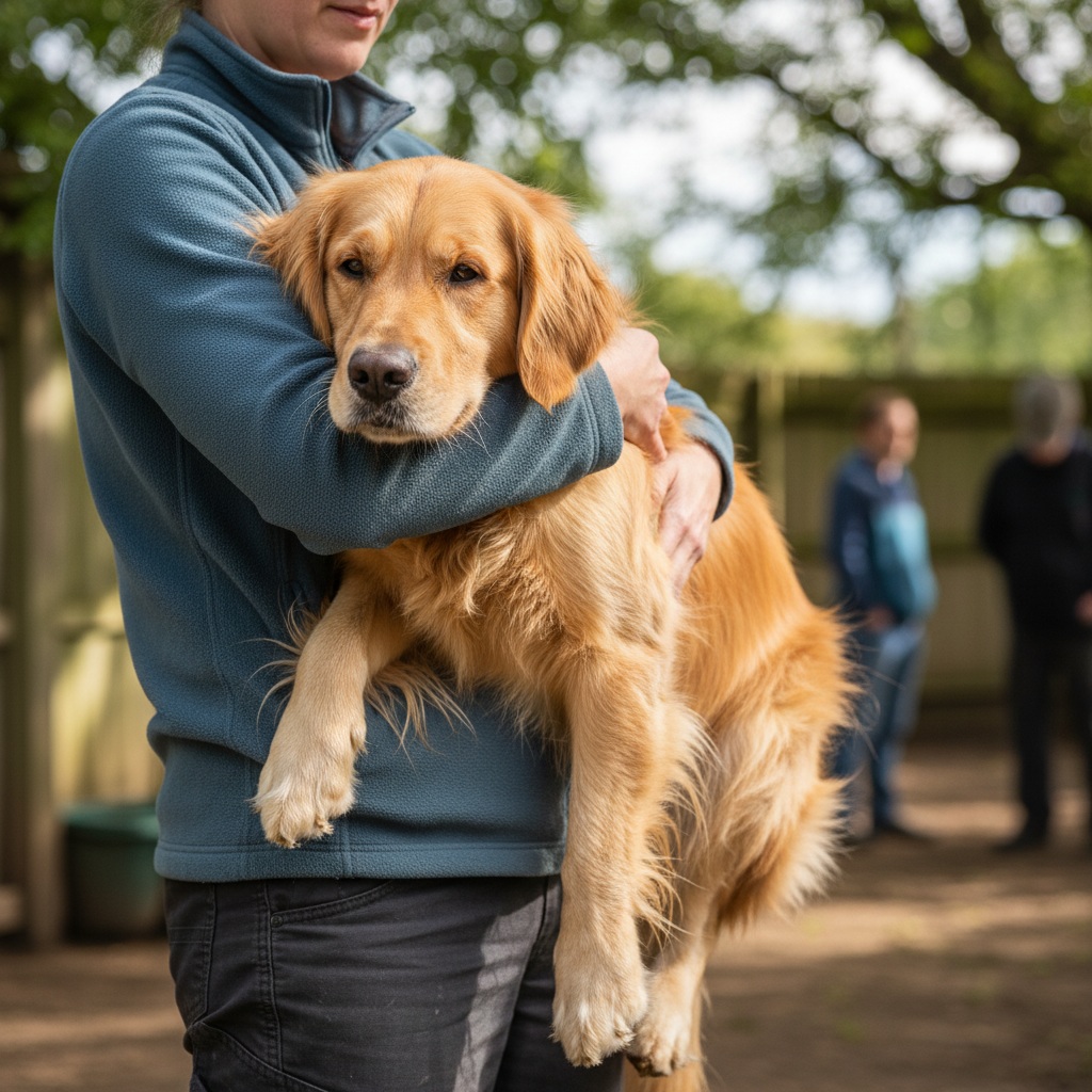 Golden retriever being gently carried by a rescue volunteer from a shelter