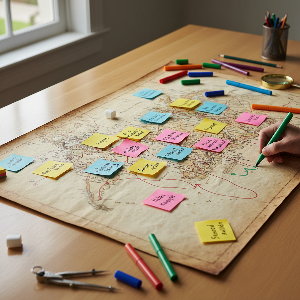 Map with sticky notes and color-coded markers on a light surface
