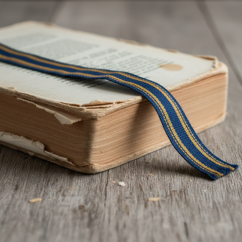 Worn paperback book with bookmark sticking out