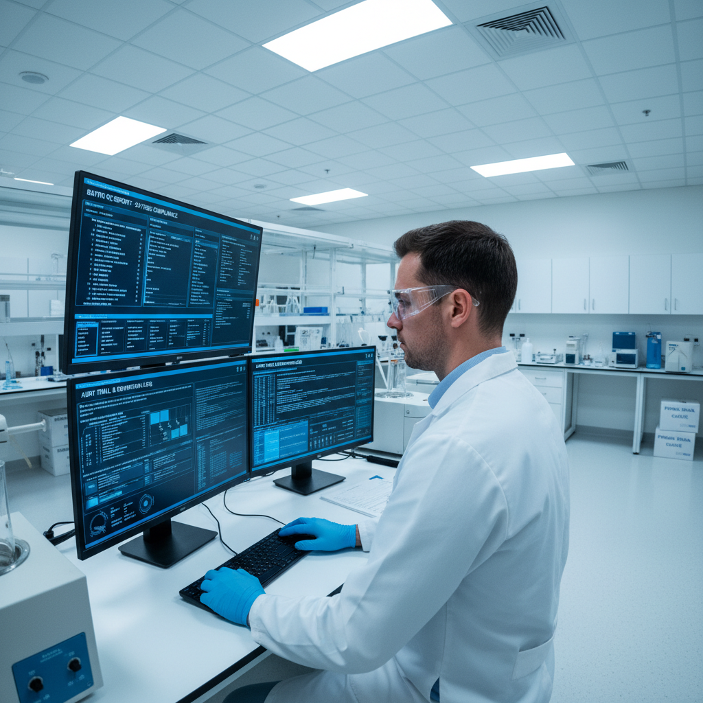 Quality control laboratory with technician reviewing digital compliance records on dual monitors in a sterile pharmaceutical environment