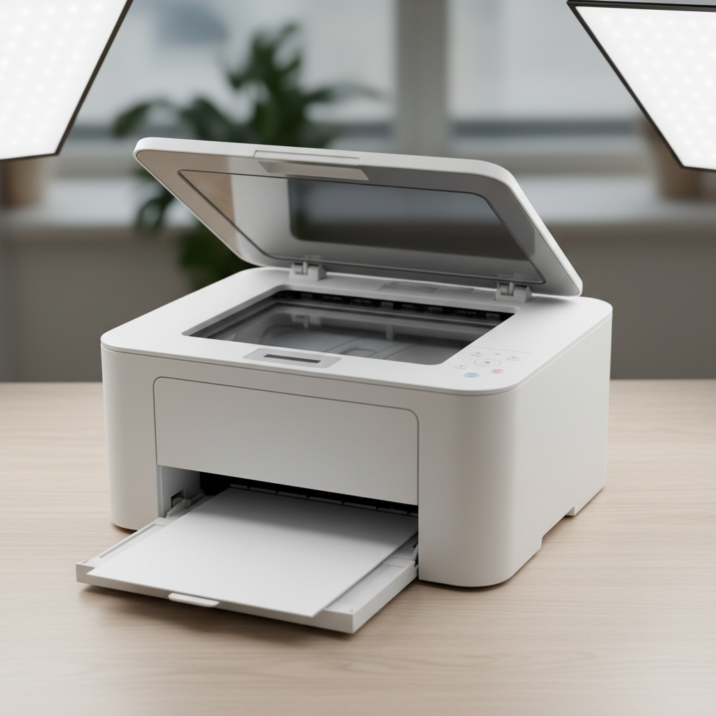 Современный офисный принтер печатает документы на белой бумаге