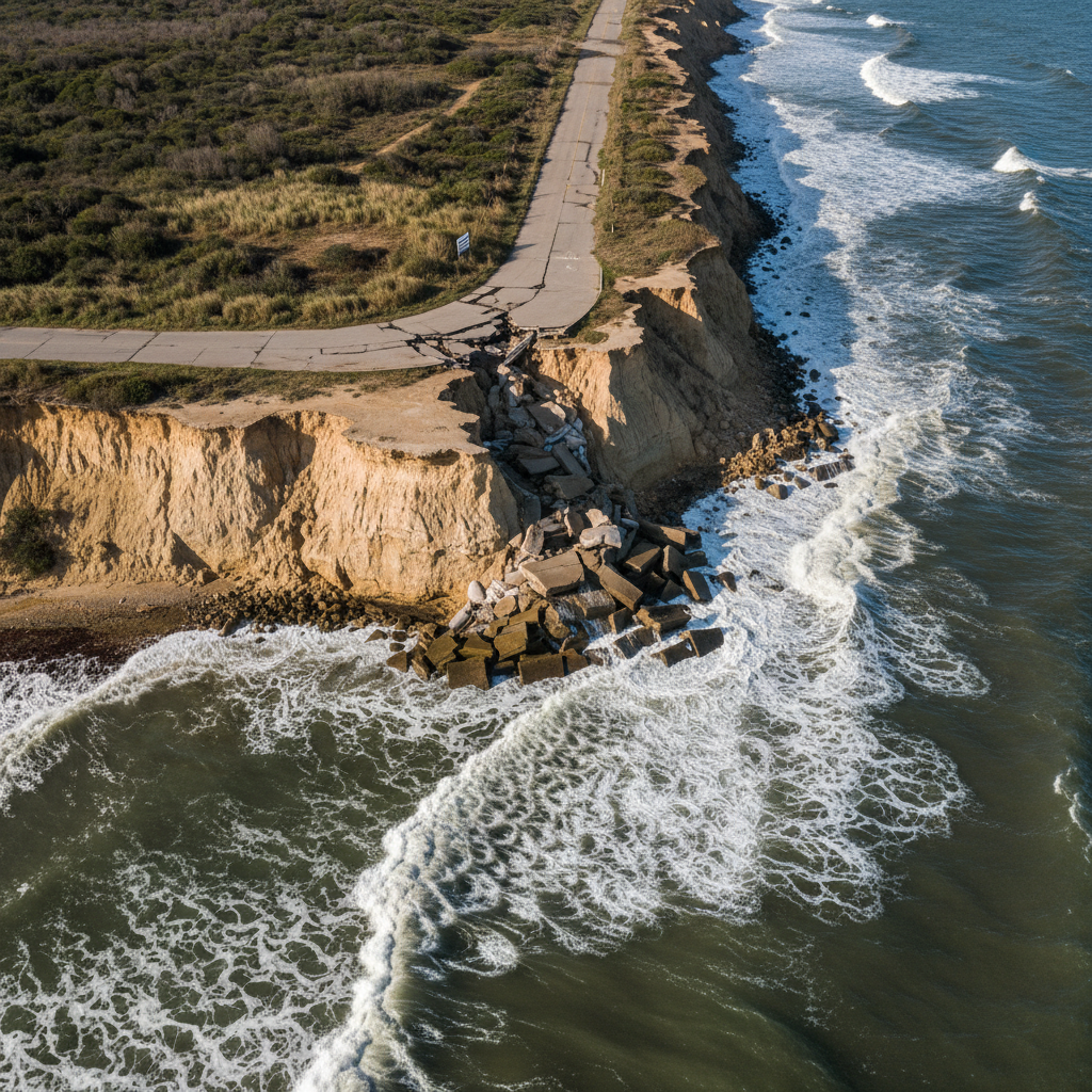 Aerial view of eroding coastline with exposed clay cliffs, sandbag revetments half-buried in surf, and a crumbling coastal road