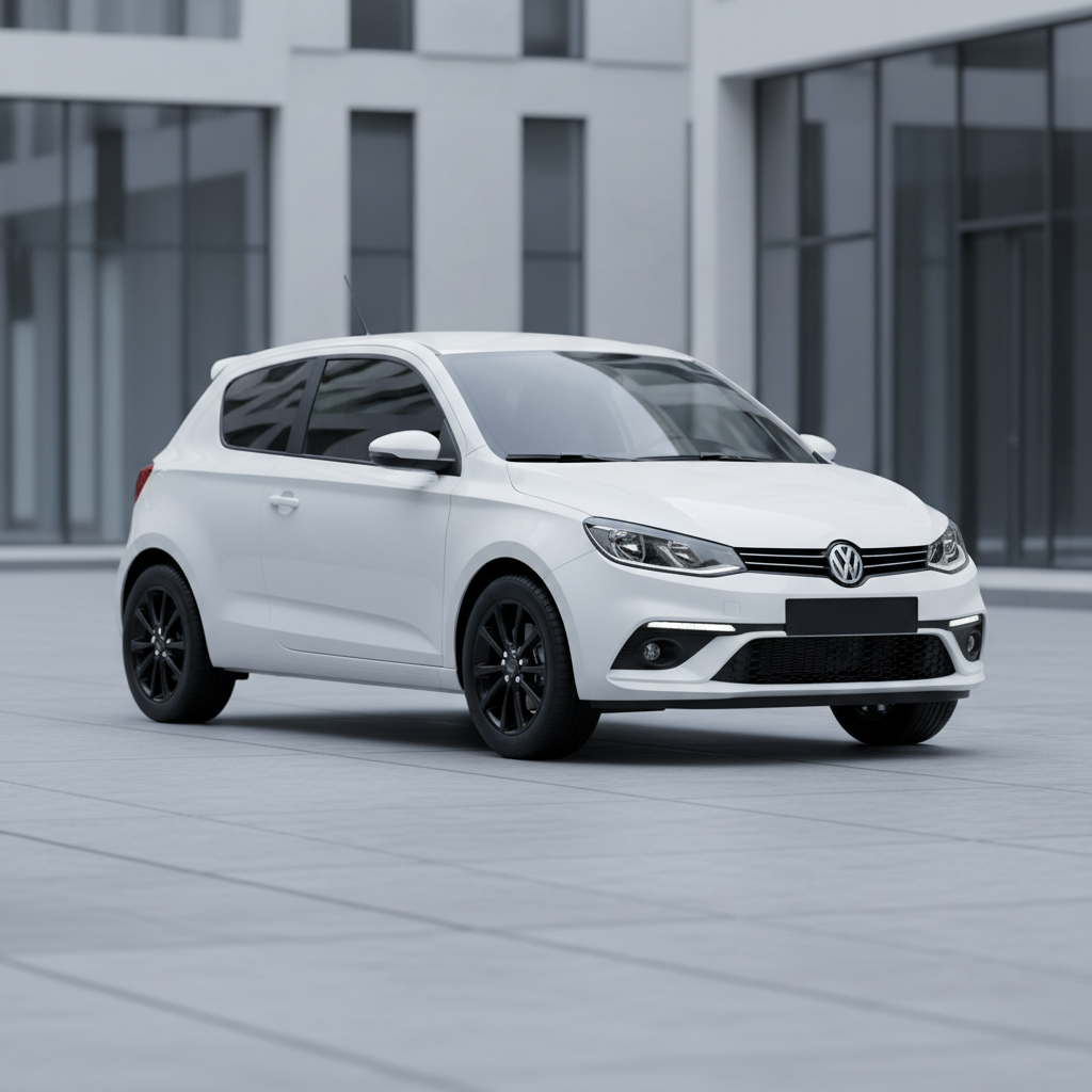 Small white economy hatchback car parked on a clean street, representing affordable Cruvora rental option