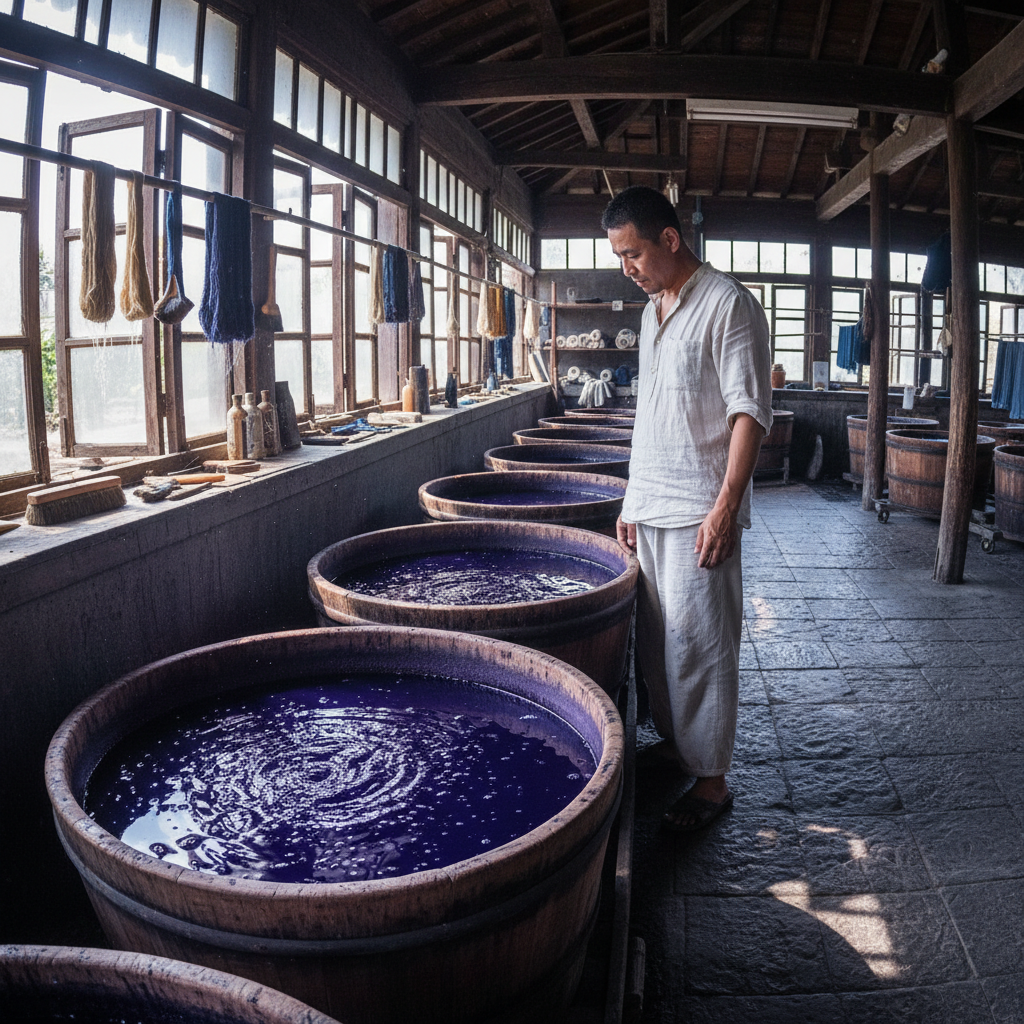 Tomás Reyes standing before indigo dye vats in his family workshop in Oaxaca Valley, Mexico