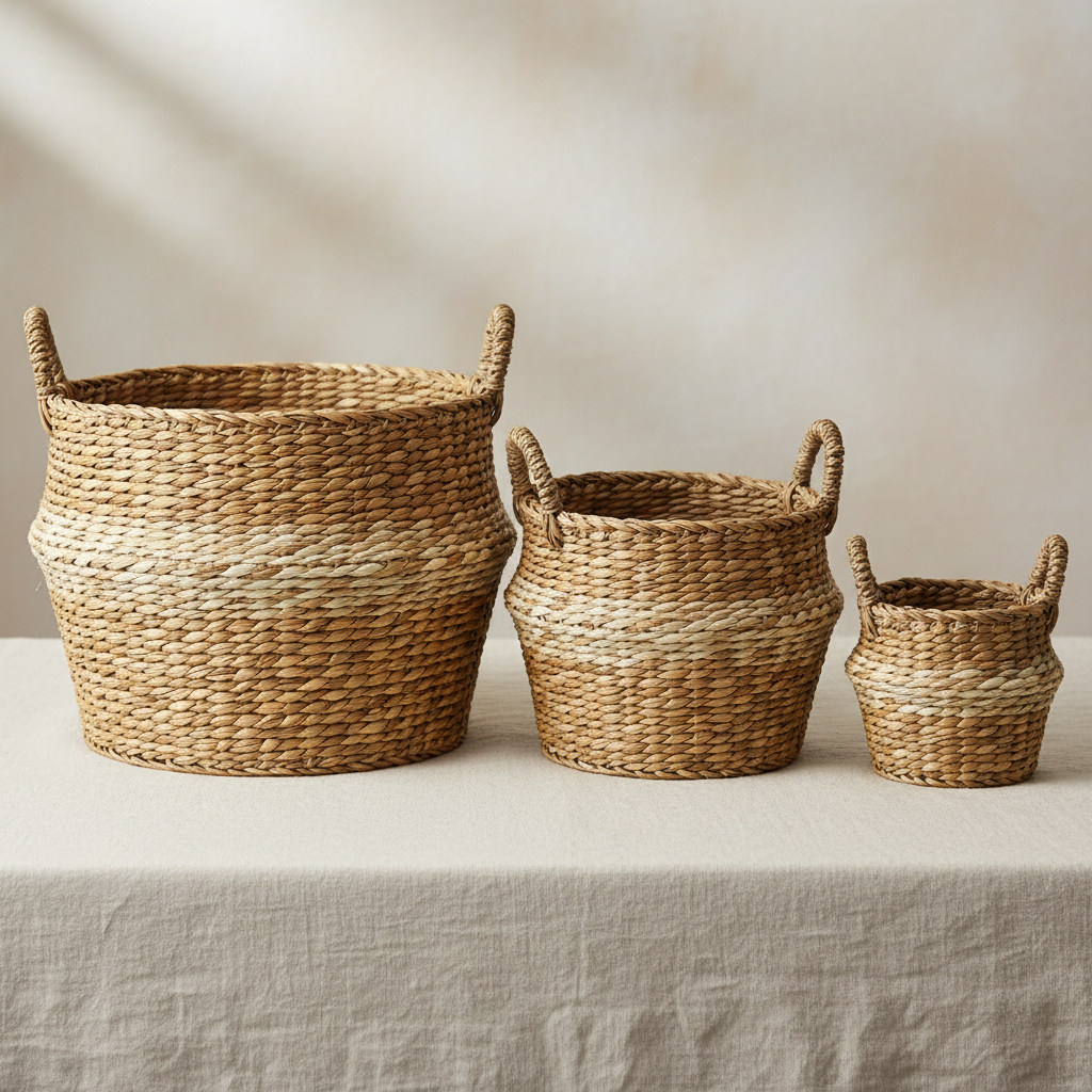 Set of three nesting woven baskets in graduated sizes with lids