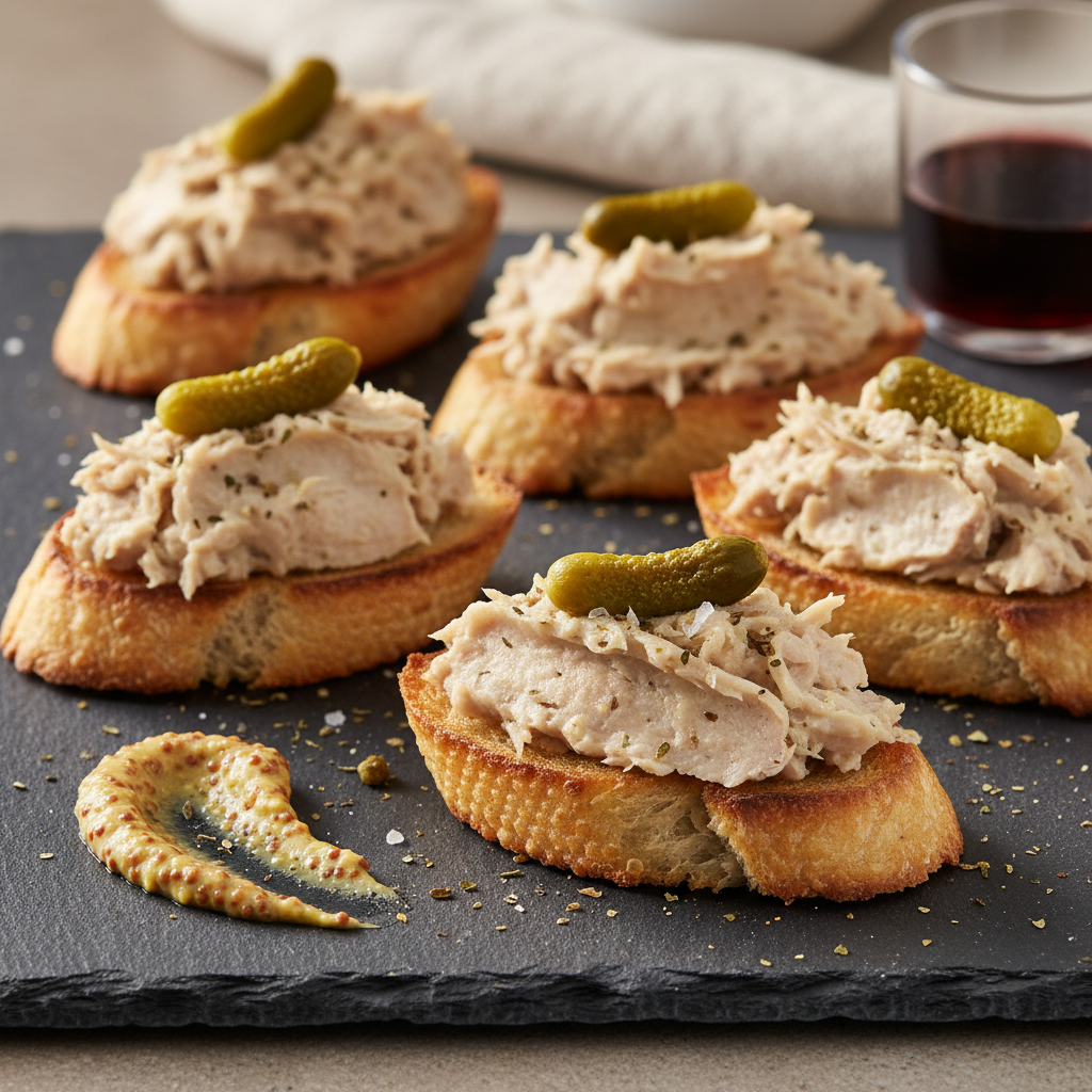 Rustic crostini topped with pale duck rillette, a small cornichon, and a smear of grainy mustard on a slate board