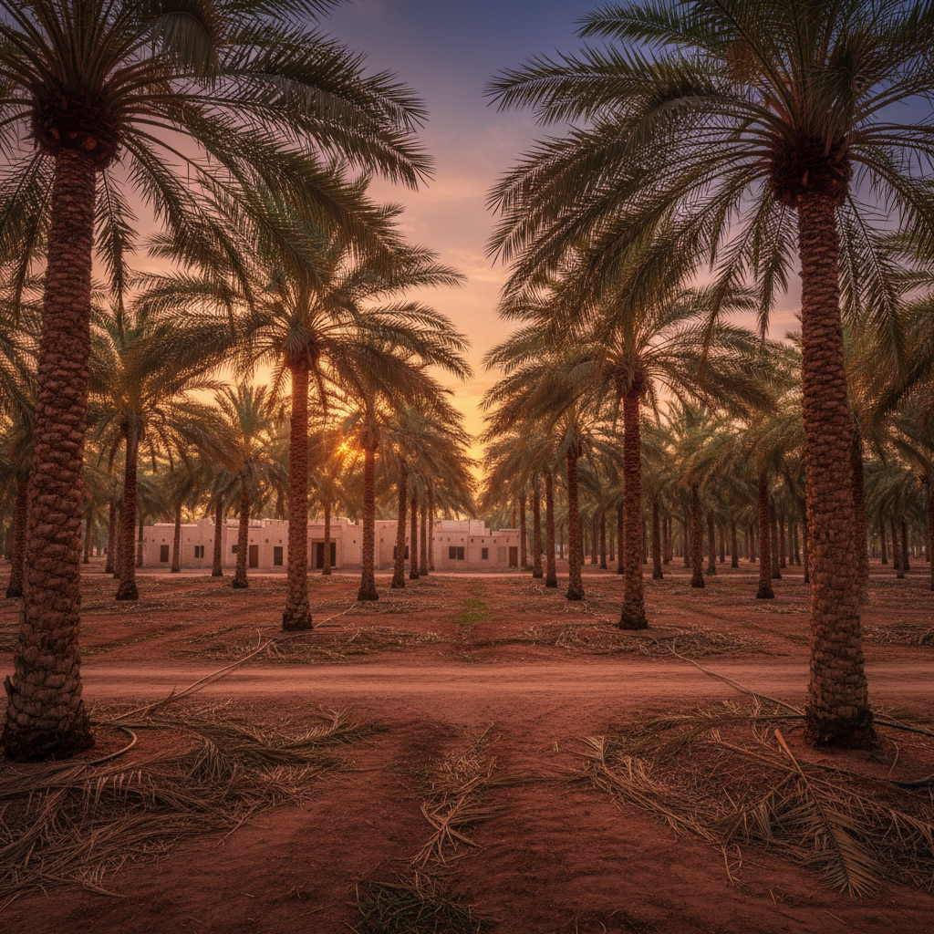 Date palm trees on a Qatari farm at dusk, warm golden light filtering through the fronds