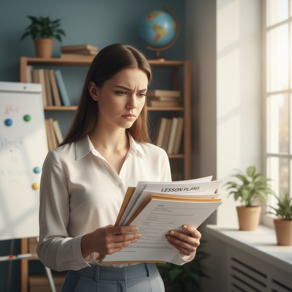 Young female teacher in bright classroom setting