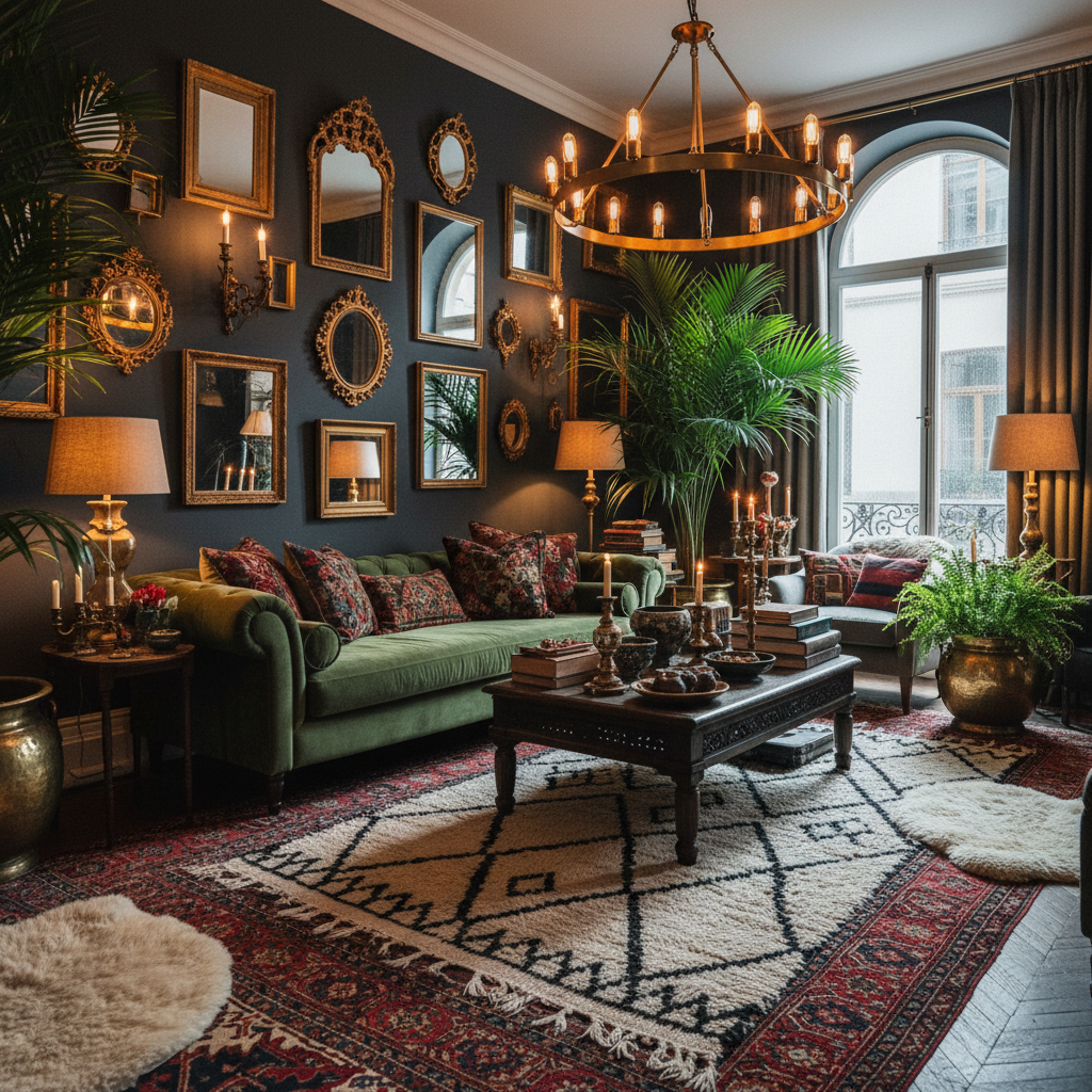 Contemporary interior design with layered textiles, statement furniture, curated art pieces, and moody ambient lighting creating luxurious dark atmosphere