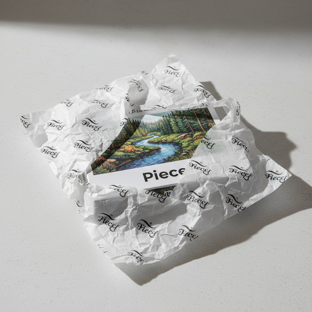 Tissue paper wrapping with Piece branding crinkled open revealing puzzle box