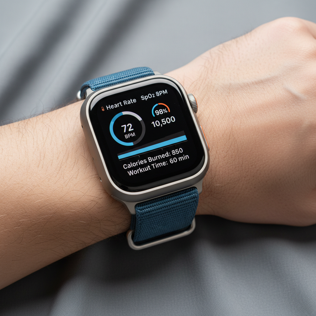 Apple Watch Ultra with titanium case showing fitness tracking on wrist
