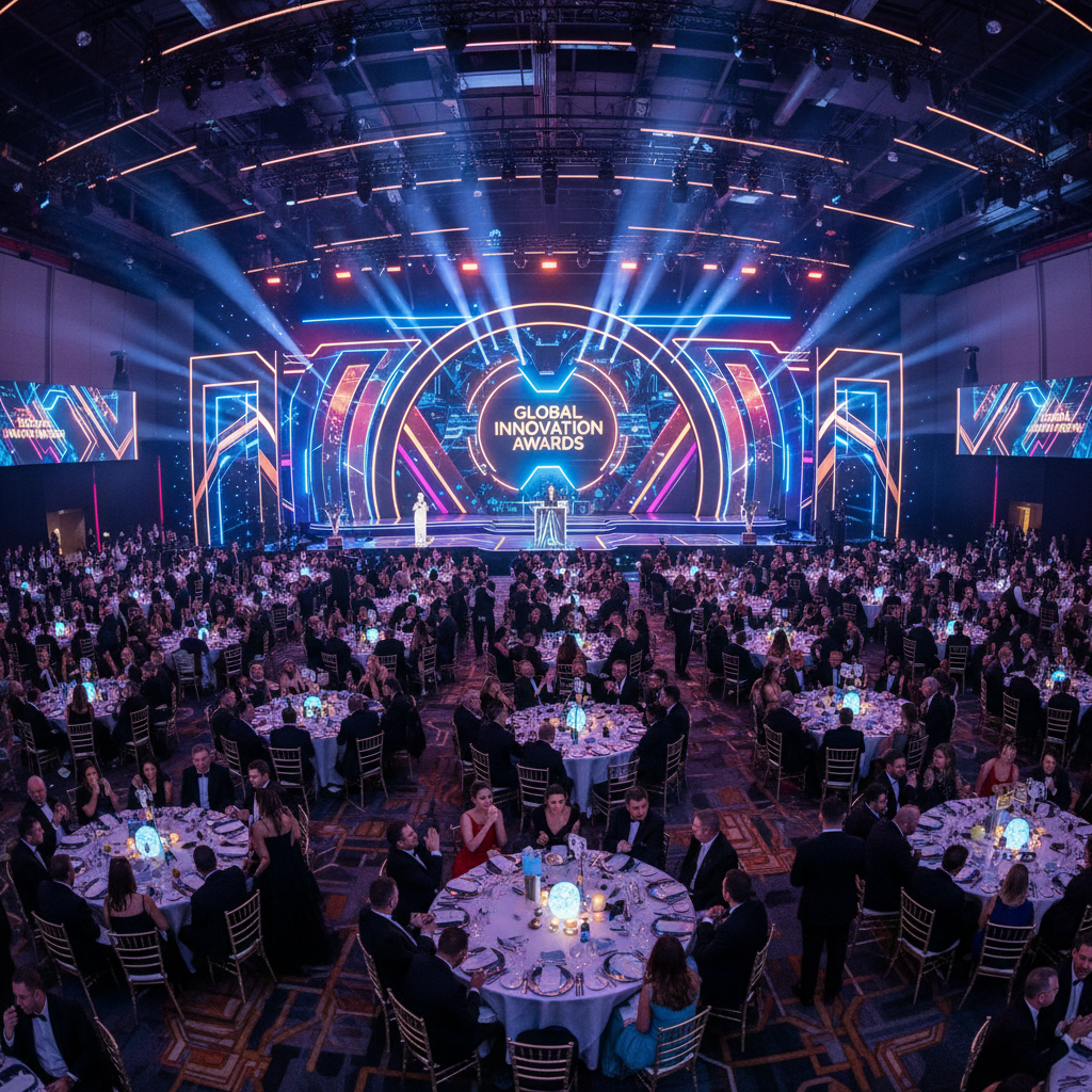 Elegant awards ceremony gala with round tables, chandelier lighting, and decorated stage