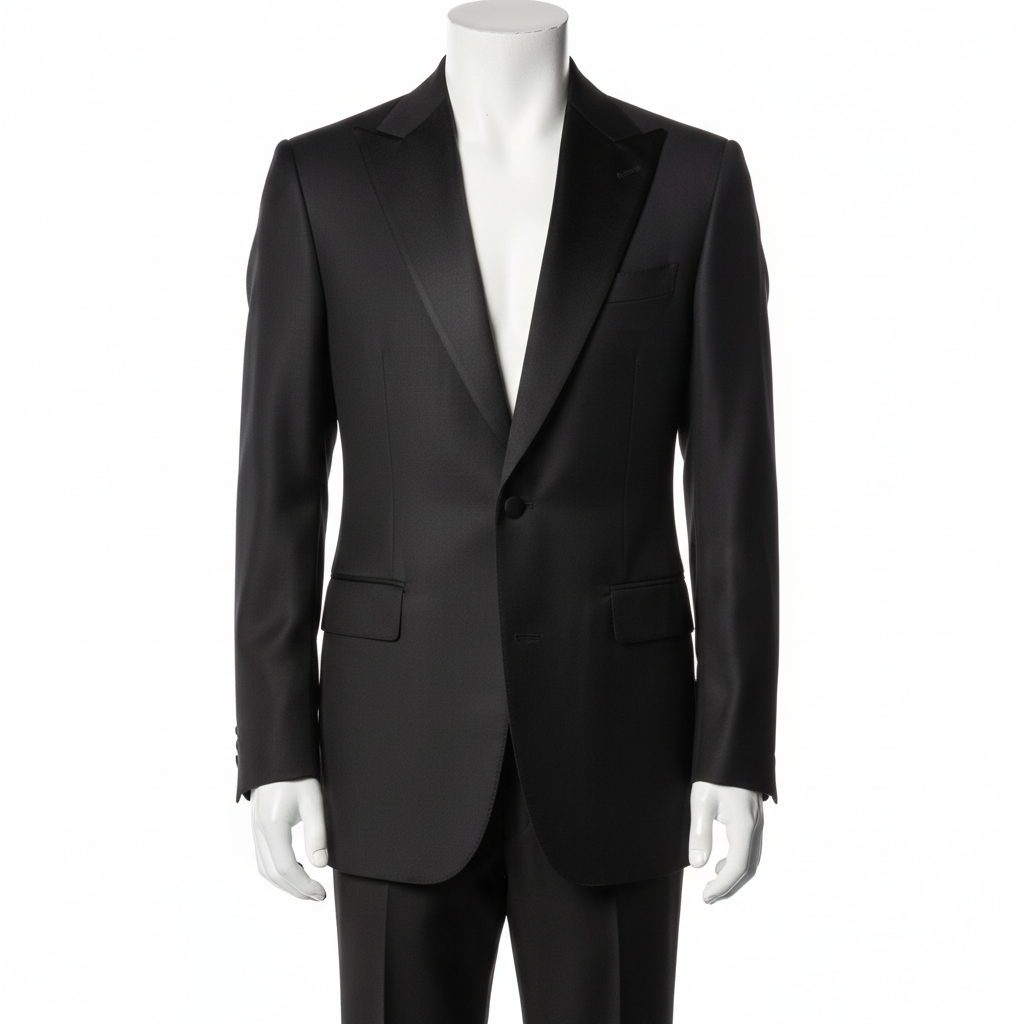 Black tuxedo suit product image, dark studio background