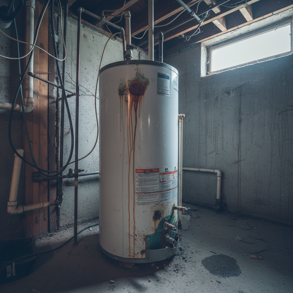 Aging water heater in utility closet showing rust and sediment buildup at base
