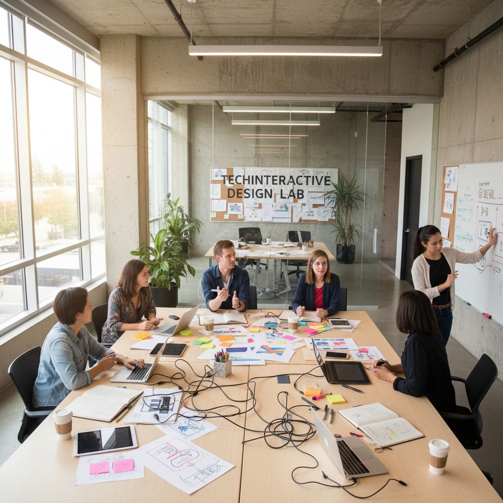 Design team meeting in bright airy office, whiteboards with diagrams, collaborative creative process