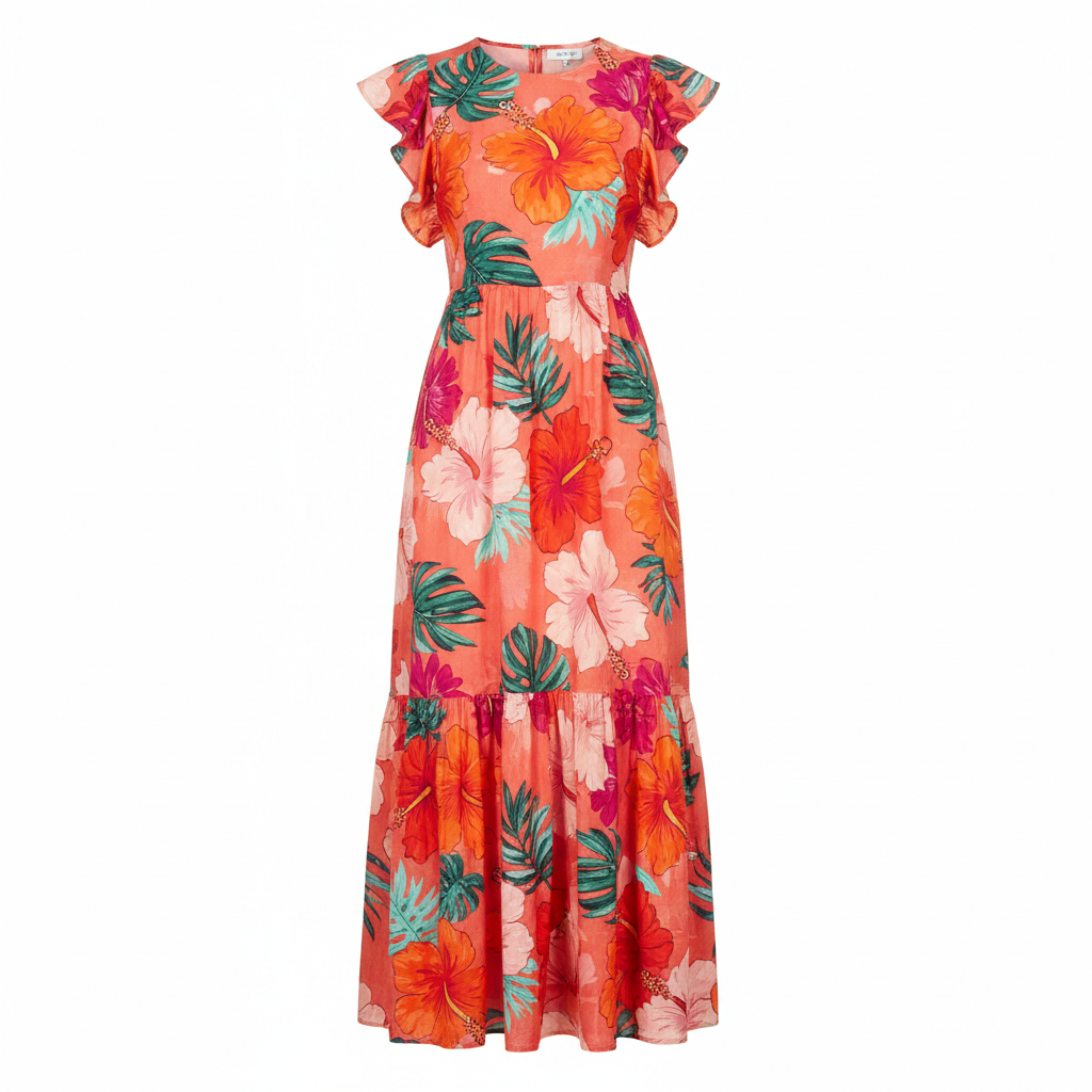 White tropical linen dress with floral print front view