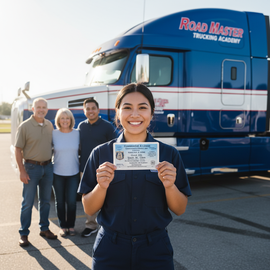 CDL graduate in front of a large training truck, holding a fresh commercial driver license, smiling with family